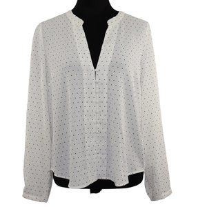 Forever 21 Women V-Neck Shirt White Polka Dot Button Up Long Sleeve Size M